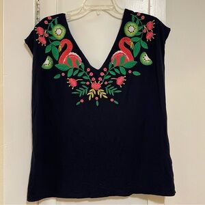 Boden Navy Blouse with Pink and Green Embroidery flamingos size 14